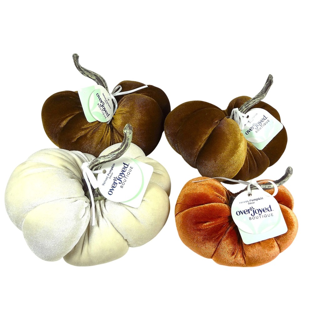 NWT Set of 4 Velvet Pumpkins‎ Fall Decor Rustic Farmhouse Copper Ivory Rust
